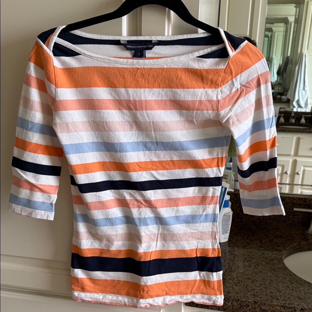 French Connection Striped Long Sleeve Tee in Orange, Blue, and White